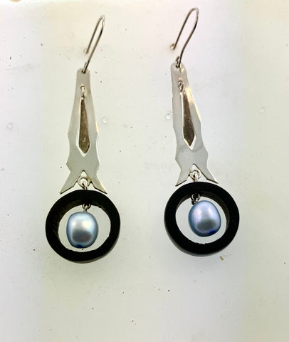 Pearl, Grenadilla Wood Earrings