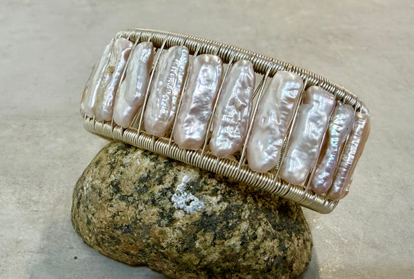 Sterling Silver Basic Cuff Bracelet with Long Baroque Pale Pink Pearls