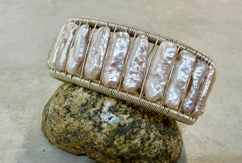 Sterling Silver Basic Cuff Bracelet with Long Baroque Pale Pink Pearls