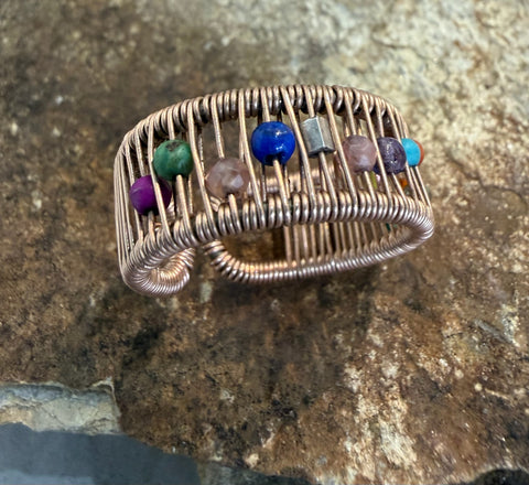 Pink Gold Filled Wire Ring with Mixed Multi Colored Stones
