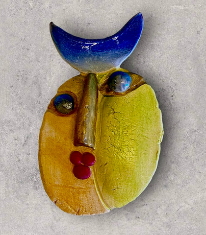 Wall hanging whimsical, ceramic sculpture, blue moon face