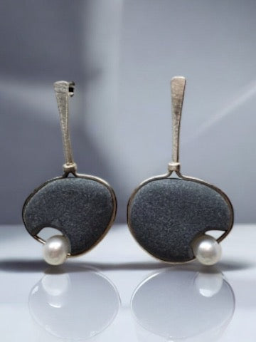 Bold Sterling Basalt Earrings with Pearls