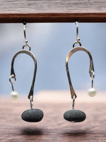 Simple Sterling Basalt Earrings with Pearls