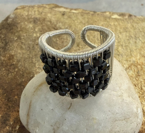 Sterling Silver Wire Ring with Square Faceted Black Spinel Stones