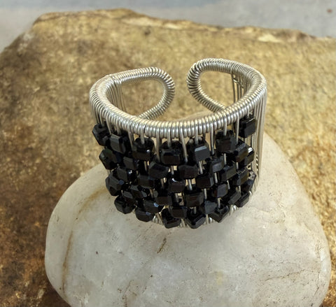 Sterling Silver Wire Ring with Square Faceted Black Spinel Stones