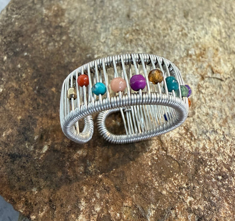 Sterling Silver Wire Ring with Mixed Multi Colored Stones
