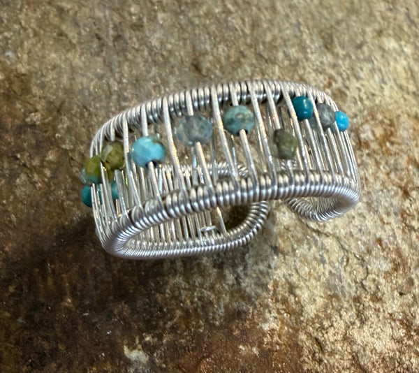 Sterling Silver Wire Ring with Multi Sea Colored Stones