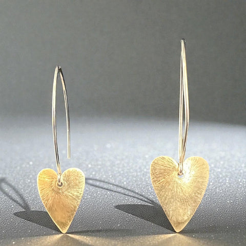 Long Gold Brushed Satin Finish Heart Dangle Earrings