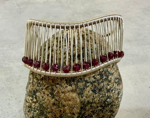 Sterling Silver Wave Cuff Bracelet with 3.5 mm Faceted Garnet