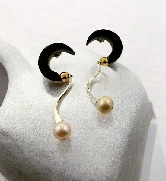 Sterling Silver and 14K Gold Grenadilla Wood and Pearl Earrings