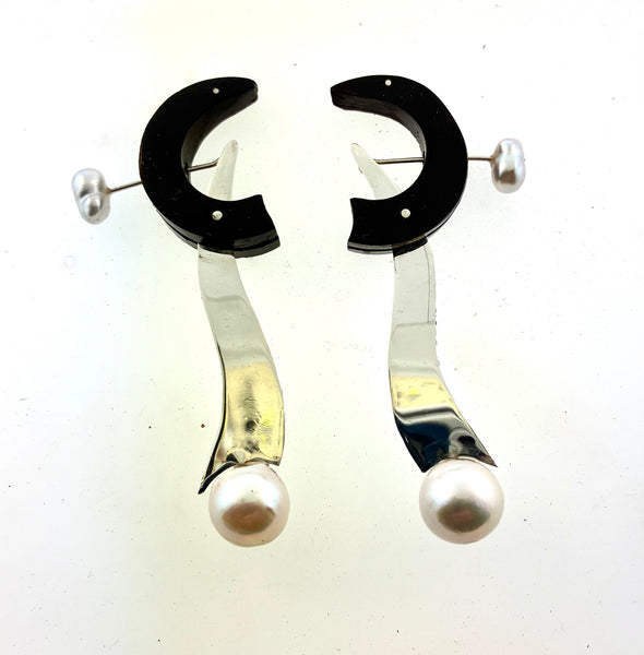 Grenadilla Wood and Pearl Drop Earrings