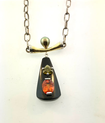Mandarin Garnet, Sphene, Pearl, Grenadilla Wood Necklace in Sterling/18K gold