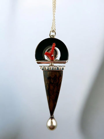 Brown/Red Coral Pearl Grenadilla Wood Pendant