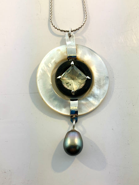 Victorian Mother of Pearl, Labradorite, Grenadilla Wood and South Sea Pearl Pendant