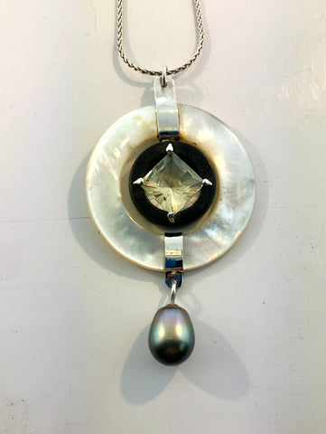 Victorian Mother of Pearl, Labradorite, Grenadilla Wood and South Sea Pearl Pendant