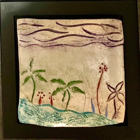ceramic tile purple sky, green palms, teal water framed 8x8