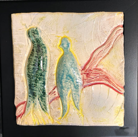 two birds sitting on a vine, yellow sky ceramic tile framed 8x8