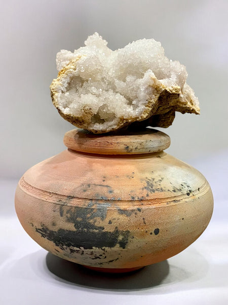 saggar fired vessel with druzy quarts lid giving healing, balance and dispelling negative energy