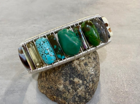 Sterling Silver Basic Cuff Bracelet with Variety of Stones
