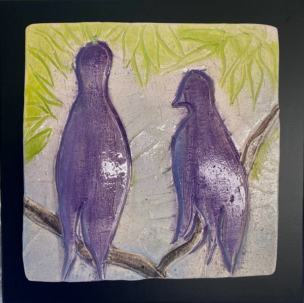 ceramic tile two purple birds on branch with lime green leaves 8x8