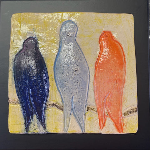 ceramic tile with 3 birds, blue, teal, orange framed 8x8
