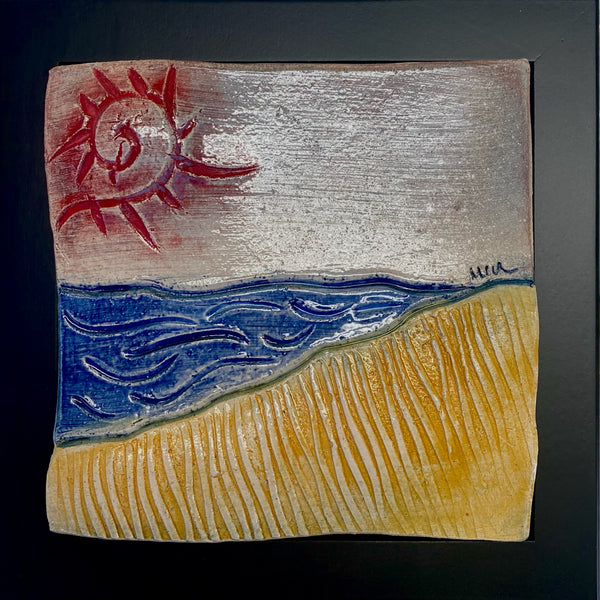 dark sky, red sun, late day on the beach ceramic tile framed 8x8