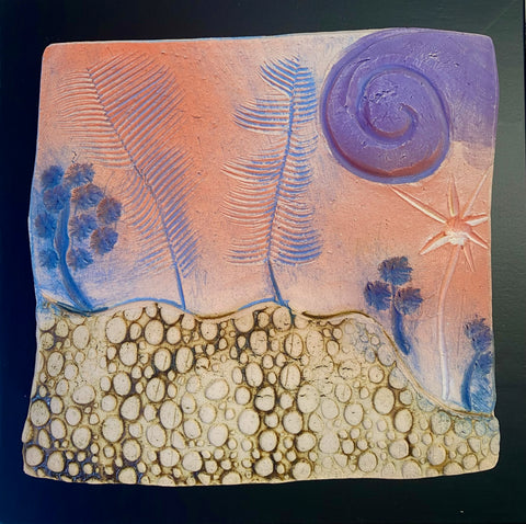 ceramic tile purple spiral sun, blue flowers