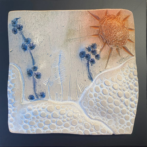 ceramic tile orange sun, blue flowers in a frosty morning framed 8x8