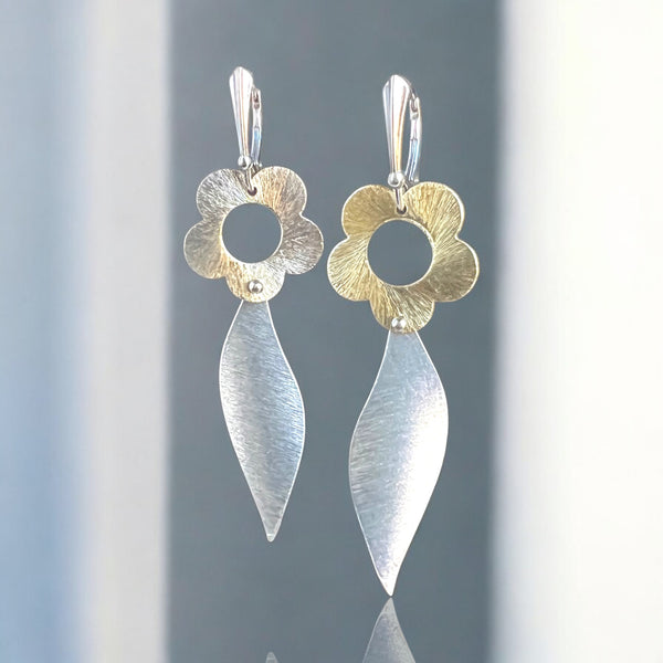 Flowery Bauhaus Gold and Silver Dangle Earrings