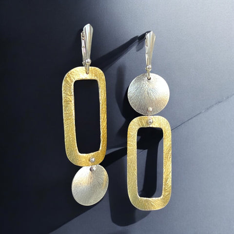 Asymmetrical Rectangle  Circle Gold & Silver Dangle Earrings