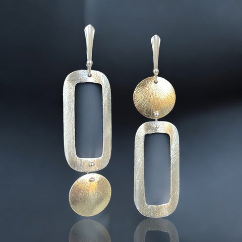 Asymmetrical Rectangle Circle Gold & Silver Dangle Earrings