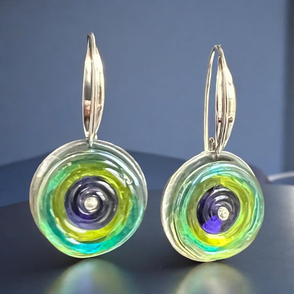 Round Blue and Green Glass Dangle Earrings