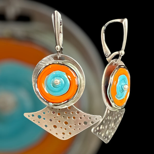 Angular Polka Dot Turquoise and Orange Glass Dangle Earrings