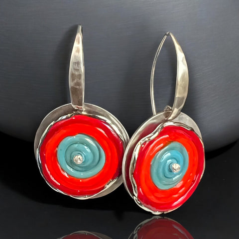 Round Red/Orange/Turquoise Glass Dangle Earrings