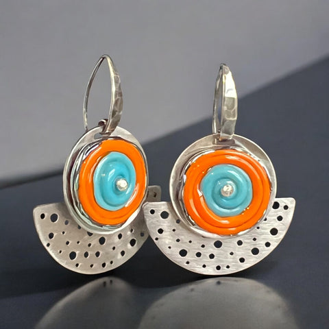 Half Moon Orange and Turquoise Glass Dangle Earrings