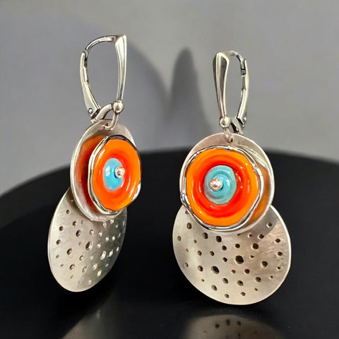 Double Circle Orange and Turquoise Glass Dangle Earrings