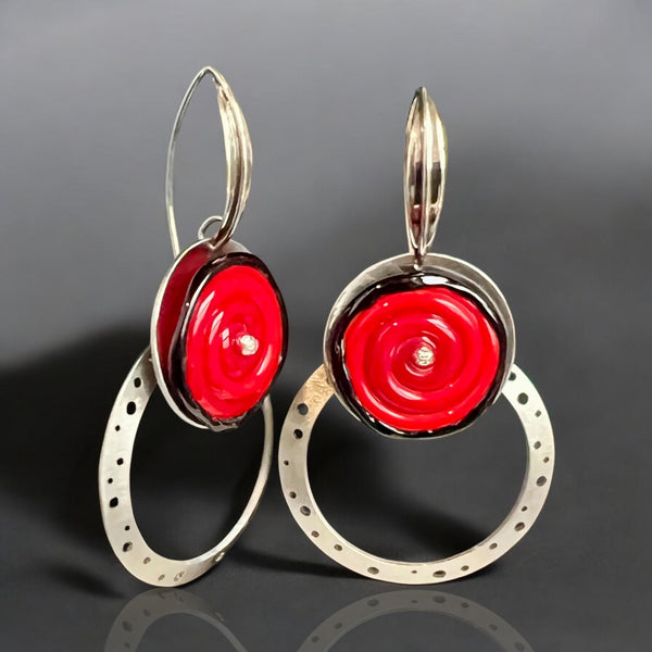 Double Circle Black and Red Glass Dangle Earrings