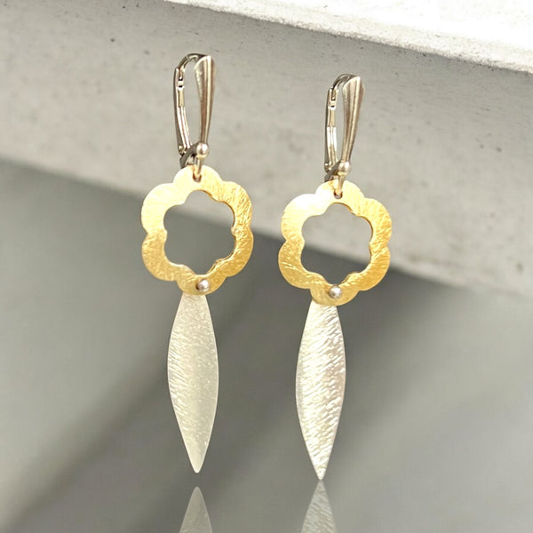 Flowery Bauhaus Gold and Silver Dangle Earrings