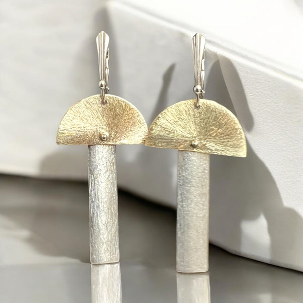 Two Tone Half Moon and Rectangle Dangle Earrings