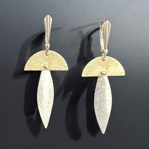 Slender Leaf / Half Moon Gold and Silver Dangle Earrings