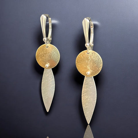 Short Slender Leaf and Circle Gold and Silver Dangle Earrings