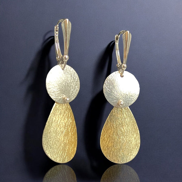 Teardrop and Circle Riveted Silver and Gold Dangle Earrings