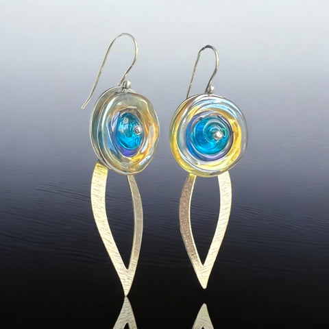 Turquoise/Purple/Gold Glass Flower Dangle Earrings