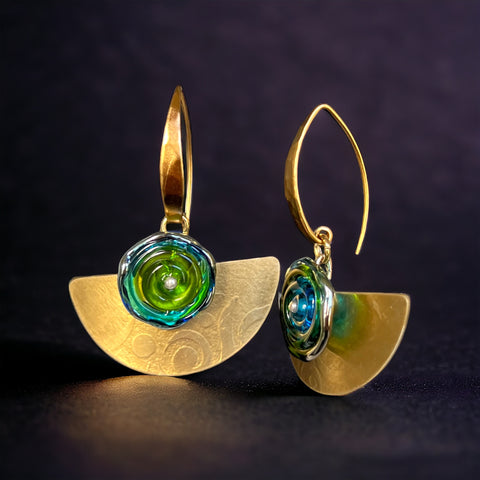 Half moon Deco Dangles with Green and Blue Glass