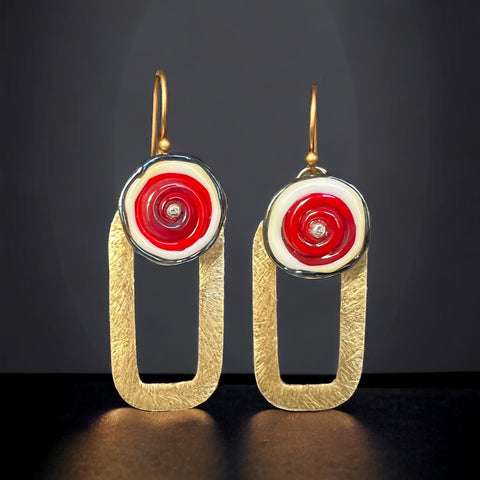 Open Rectangle Dangles with Red and Ivory Glass