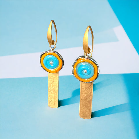 Rectangular 2-Part Dangles with Turquoise and Orange Glass