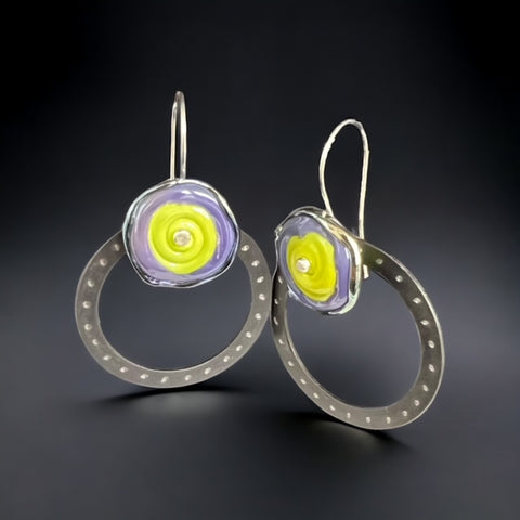 Steel Circle Earrings with Lime and Lavender Lamp Glass