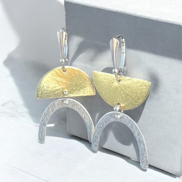 Half Moon Gold and Silver Asymmetrical Earrings