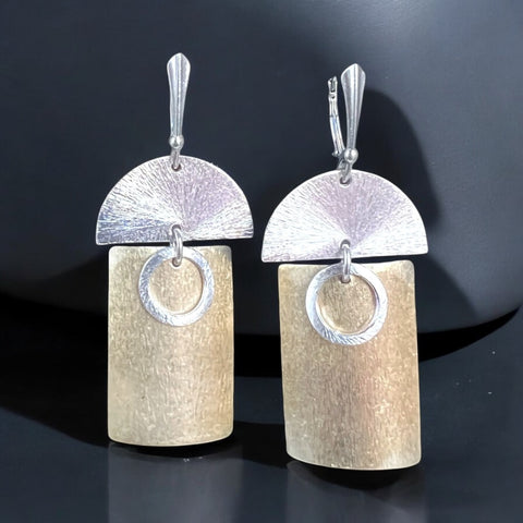 Half Moon and Rectangle Gold and Silver Dangle Earrings