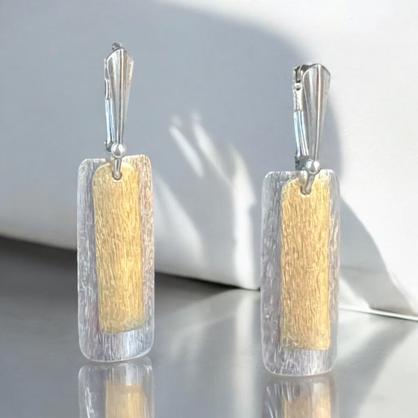 Narrow Rectangular Gold and Silver Dangle Earrings